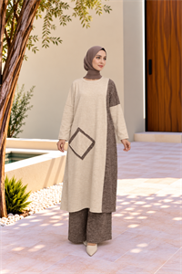 Kadın Bisiklet Yaka Patchwork Tunik Krem Kahve
