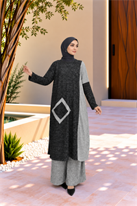 Kadın Bisiklet Yaka Patchwork Tunik Siyah Gri