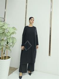 Kadın Bisiklet Yaka Patchwork Tunik Siyah Antrasit