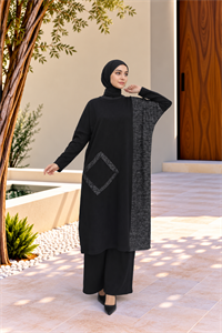 Kadın Bisiklet Yaka Patchwork Tunik Siyah Antrasit