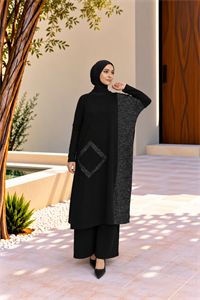 Kadın Bisiklet Yaka Patchwork Tunik Siyah Antrasit