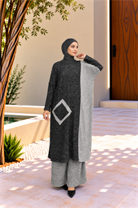Kadın Bisiklet Yaka Patchwork Tunik Siyah Gri