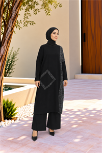 Kadın Bisiklet Yaka Patchwork Tunik Siyah Antrasit