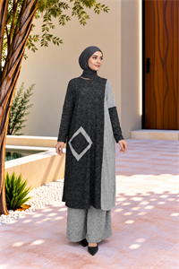 Kadın Bisiklet Yaka Patchwork Tunik Siyah Gri