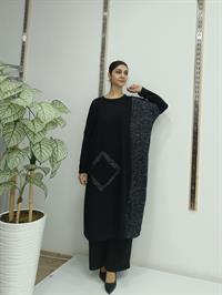 Kadın Bisiklet Yaka Patchwork Tunik Siyah Antrasit