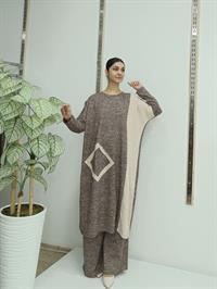 Kadın Bisiklet Yaka Patchwork Tunik Kehve Vizon