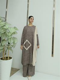 Kadın Bisiklet Yaka Patchwork Tunik Kehve Vizon