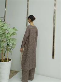 Kadın Bisiklet Yaka Patchwork Tunik Kehve Vizon