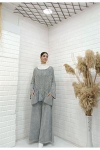 Kadın Bisiklet Yaka Saç Örgülü Torba Cepli Önü Kısa Arkası Uzun Bluz