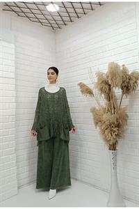 Kadın Bisiklet Yaka Saç Örgülü Torba Cepli Önü Kısa Arkası Uzun Bluz