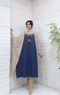 Kadın Degaje Yaka Panço Krem Mavi