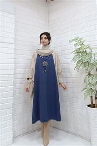 Kadın Degaje Yaka Panço Krem Mavi