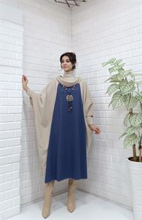 Kadın Degaje Yaka Panço Krem Mavi