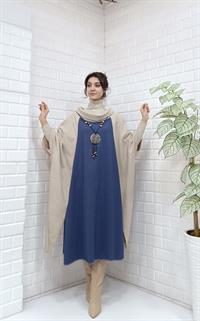 Kadın Degaje Yaka Panço Krem Mavi