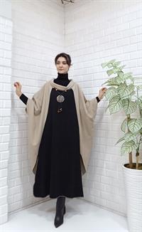 Kadın Degaje Yaka Panço Krem Siyah