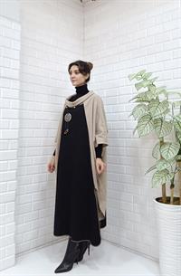 Kadın Degaje Yaka Panço Krem Siyah