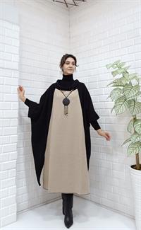 Kadın Degaje Yaka Panço Siyah Krem