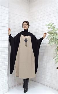 Kadın Degaje Yaka Panço Siyah Krem