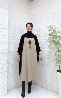 Kadın Degaje Yaka Panço Siyah Krem