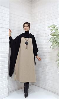 Kadın Degaje Yaka Panço Siyah Krem