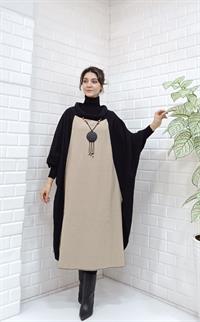 Kadın Degaje Yaka Panço Siyah Krem