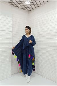 Kadın Etekleri Püskül Detaylı Tek Düğmeli Hırka