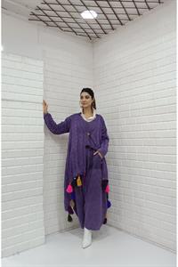 Kadın Etekleri Püskül Detaylı Tek Düğmeli Hırka