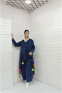 Kadın Etekleri Püskül Detaylı Tek Düğmeli Hırka