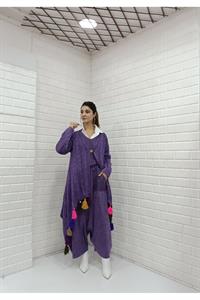 Kadın Etekleri Püskül Detaylı Tek Düğmeli Hırka