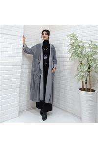 Kadın Kapüşonlu Asimetrik Kesim Cepli Kap Ceket