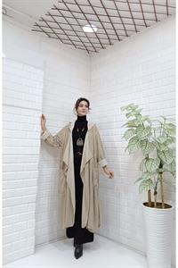 Kadın Kapüşonlu Asimetrik Kesim Cepli Kap Ceket