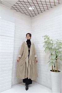 Kadın Kapüşonlu Asimetrik Kesim Cepli Kap Ceket