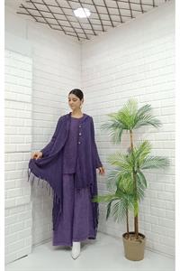 Kadın Kapüşonlu Önü Düğmeli Etekleri ve Kolları Dantel Detaylı Püsküllü Hırka