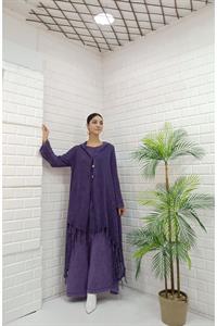 Kadın Kapüşonlu Önü Düğmeli Etekleri ve Kolları Dantel Detaylı Püsküllü Hırka