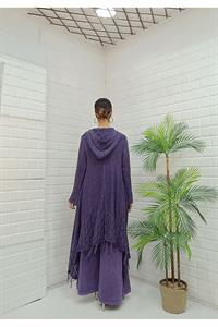 Kadın Kapüşonlu Önü Düğmeli Etekleri ve Kolları Dantel Detaylı Püsküllü Hırka