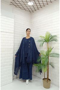 Kadın Kapüşonlu Önü Düğmeli Etekleri ve Kolları Dantel Detaylı Püsküllü Hırka