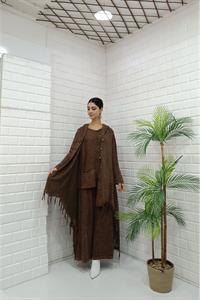 Kadın Kapüşonlu Önü Düğmeli Etekleri ve Kolları Dantel Detaylı Püsküllü Hırka