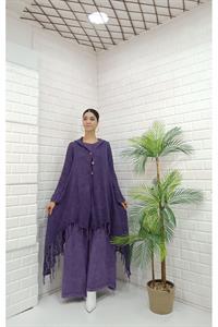 Kadın Kapüşonlu Önü Düğmeli Etekleri ve Kolları Dantel Detaylı Püsküllü Hırka