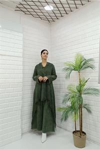 Kadın Kapüşonlu Önü Düğmeli Etekleri ve Kolları Dantel Detaylı Püsküllü Hırka