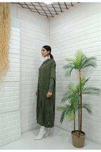 Kadın Kapüşonlu Önü Düğmeli Yırtık Detaylı Ceket Hırka