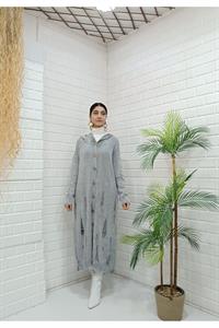 Kadın Kapüşonlu Önü Düğmeli Yırtık Detaylı Ceket Hırka