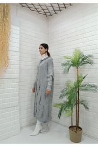 Kadın Kapüşonlu Önü Düğmeli Yırtık Detaylı Ceket Hırka