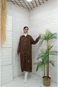 Kadın Kapüşonlu Önü Düğmeli Yırtık Detaylı Ceket Hırka