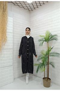 Kadın Kapüşonlu Önü Düğmeli Yırtık Detaylı Ceket Hırka