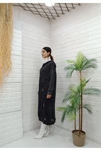 Kadın Kapüşonlu Önü Düğmeli Yırtık Detaylı Ceket Hırka