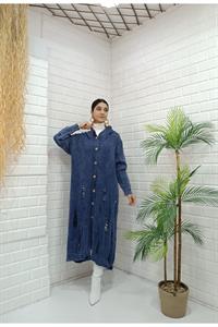 Kadın Kapüşonlu Önü Düğmeli Yırtık Detaylı Ceket Hırka