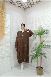 Kadın Kapüşonlu Önü Düğmeli Yırtık Detaylı Ceket Hırka