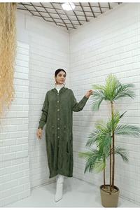 Kadın Kapüşonlu Önü Düğmeli Yırtık Detaylı Ceket Hırka