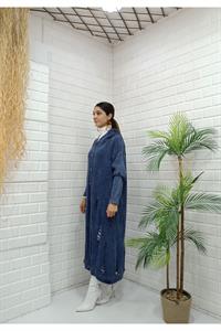 Kadın Kapüşonlu Önü Düğmeli Yırtık Detaylı Ceket Hırka