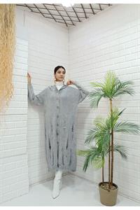 Kadın Kapüşonlu Önü Düğmeli Yırtık Detaylı Ceket Hırka